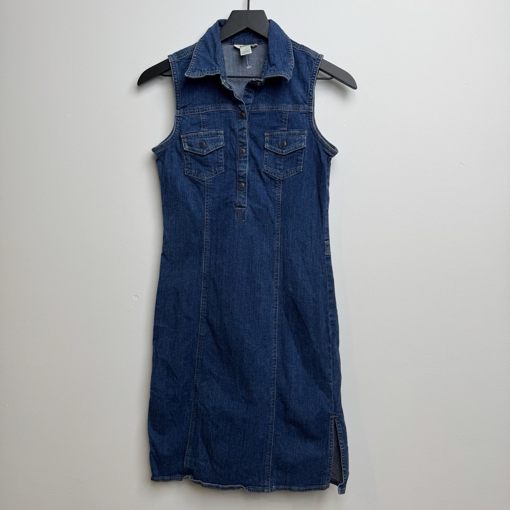 Old Navy Blue Denim Sz 2 Maxi Dress Sleeveless Spread Collar Pockets Women's